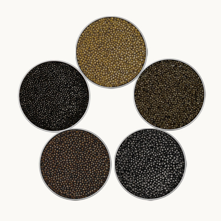 Core Signature caviar gift set — a Caviar Russe caviar selection with blinis, crème fraîche and spoons in a signature gift box